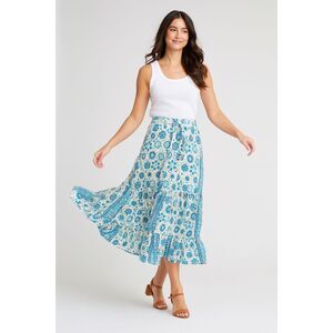 Boho Tiered Floral Blue and White Maxi Skirt Medium